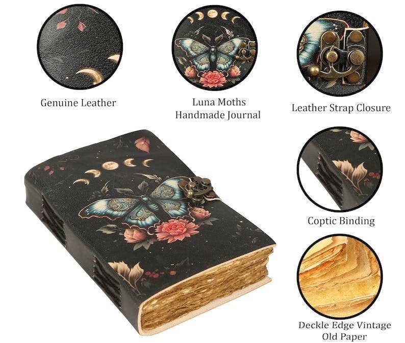 Luna Moth Leather Journal (Midnight Edition) – 5x7, 200 Pages